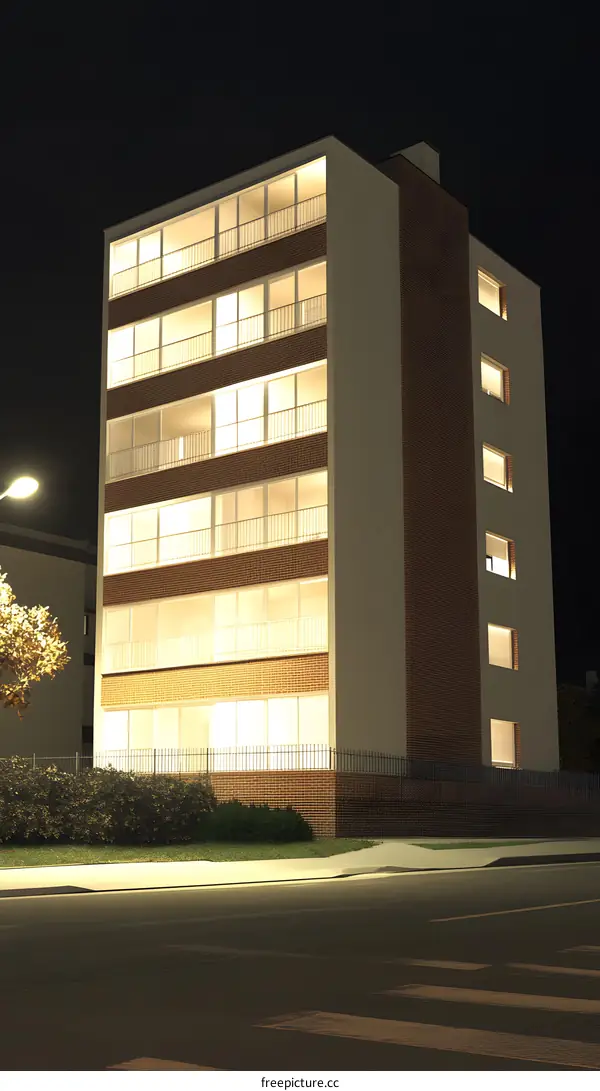 Modern Apartment Building with Illuminated Windows at Night