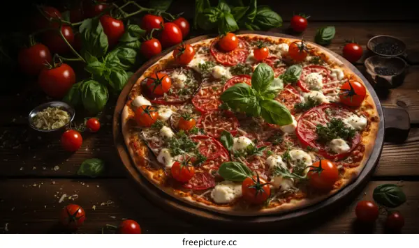 A delicious pizza with fresh tomatoes, basil, and mozzarella cheese