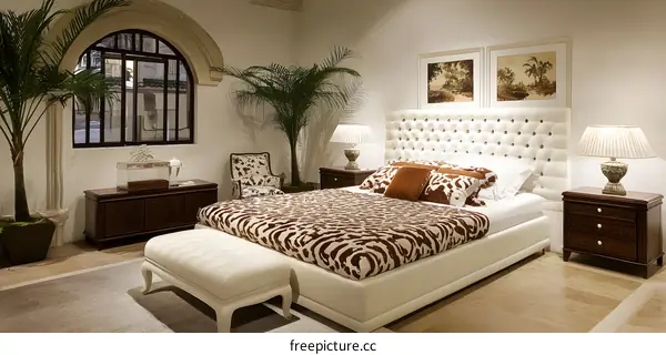 Modern Bedroom Interior Design with White Bed and Palm Plants