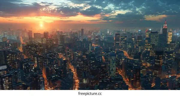 Cityscape of a large city with skyscrapers and picturesque sunset