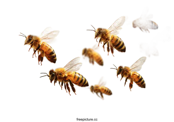 [Transparent Background PNG]Honeybees in Flight against White Background