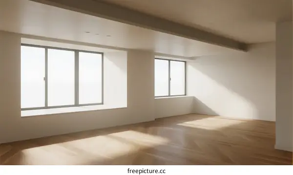 Empty room with large windows and wooden flooring