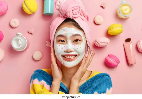 Young Woman with Facial Mask Smiles for the Camera