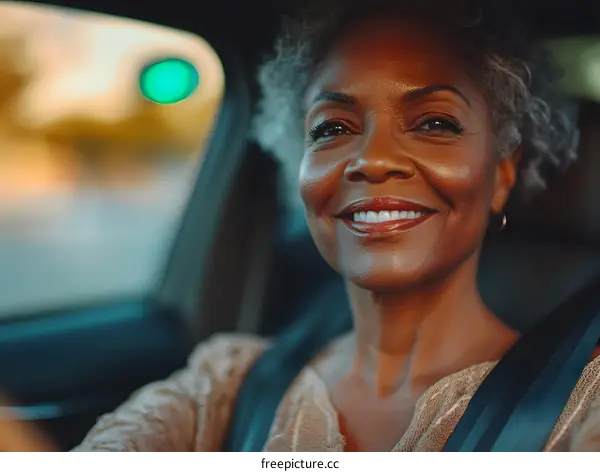 Smiling African American Woman Driving Car