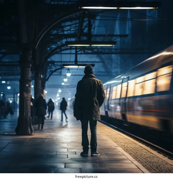Man waiting for train on platform at night