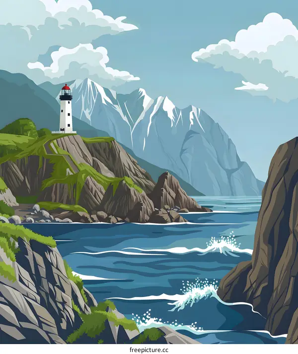 Lighthouse on a Rocky Coast with Mountains in the Background