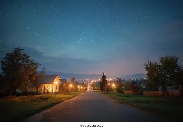 Starry Night Village Road at Twilight