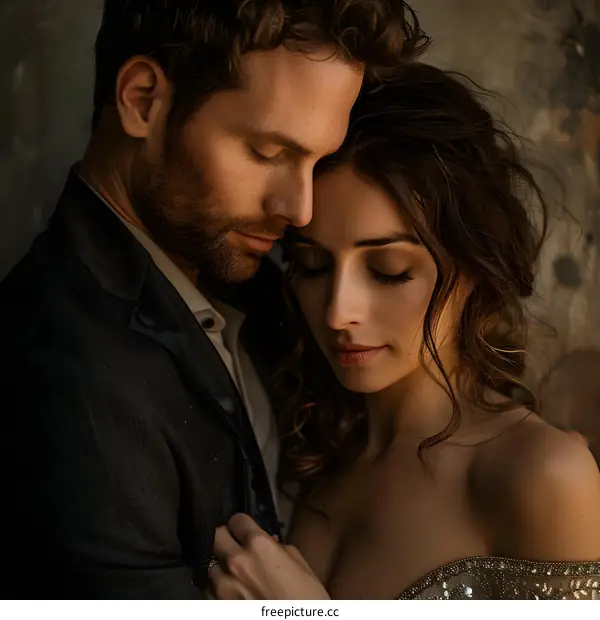 A couple is leaning on each other, the man is staring at the woman affectionately