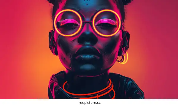 Afrofuturistic Woman in Black Jacket with Glasses Looking Serene