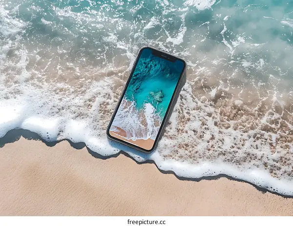 Smartphone on a Beach with Ocean Waves