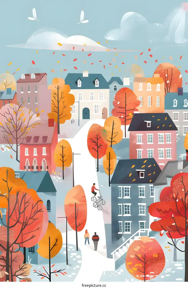Autumn Cityscape with People Walking and Biking