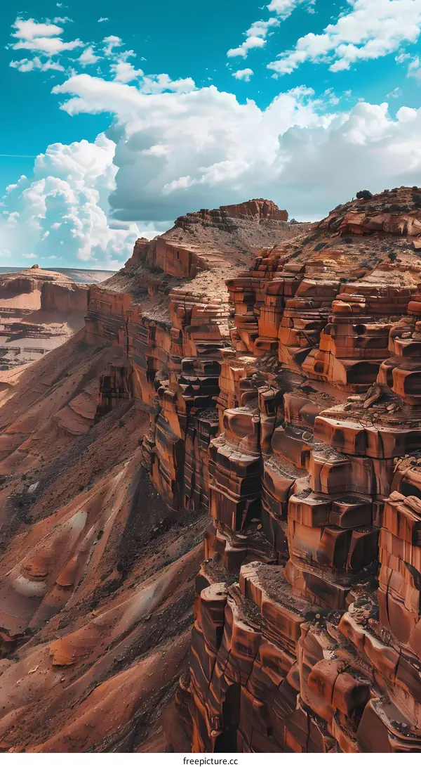 Red Rock Canyon Cliffs and Blue Sky With Fluffy Clouds