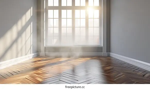 Bright Minimalist Room with Herringbone Parquet Flooring and Large Window