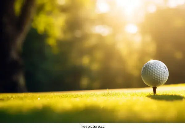 A golf ball sits on a tee in the morning sun.