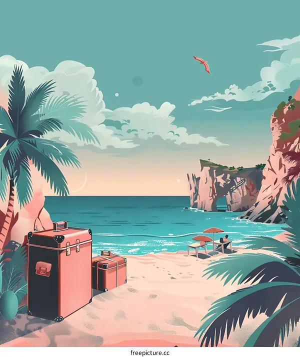 Tropical Beach Scene With Luggage and Palm Trees