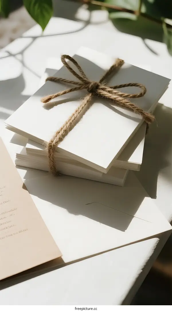 Stack of white envelopes tied with natural rope on white table