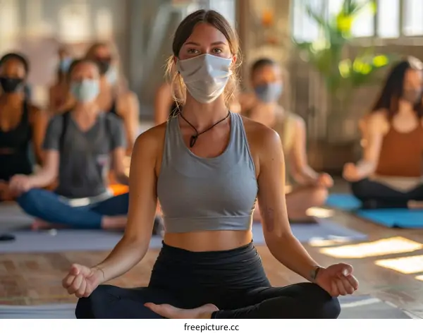 A group of people wearing masks are sitting in a yoga class.