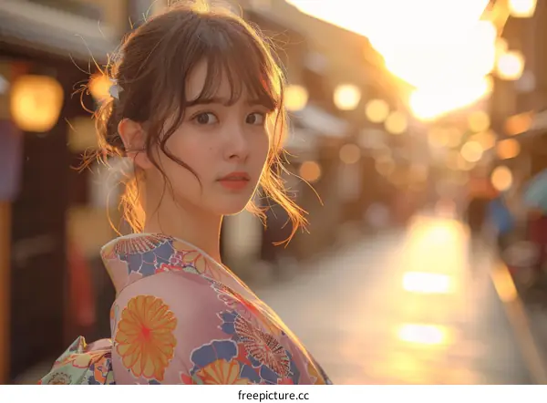 Asian Woman in Traditional Japanese Kimono at Sunset