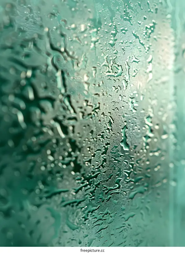 Water droplets on green glass surface