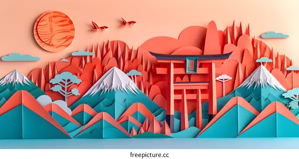 Vibrant illustration of a traditional Japanese landscape with a torii gate and Mount Fuji in the background