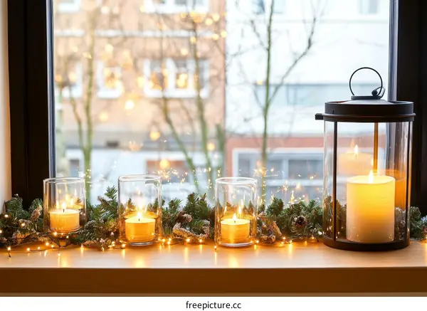 Winter Window Decor with Candles and Lanterns