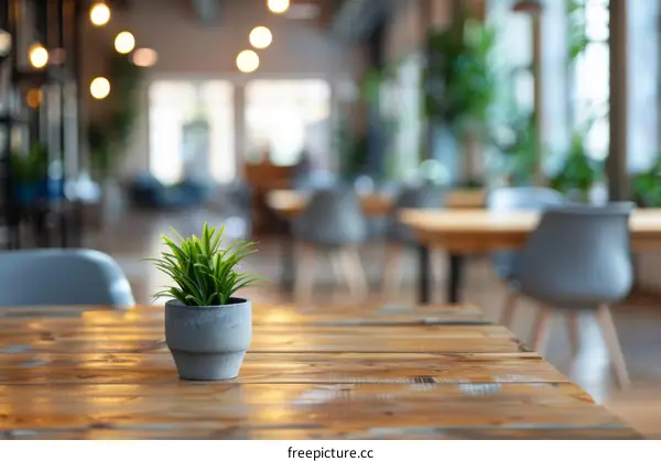 Close-up of a potted plant on a wooden table in a restaurant