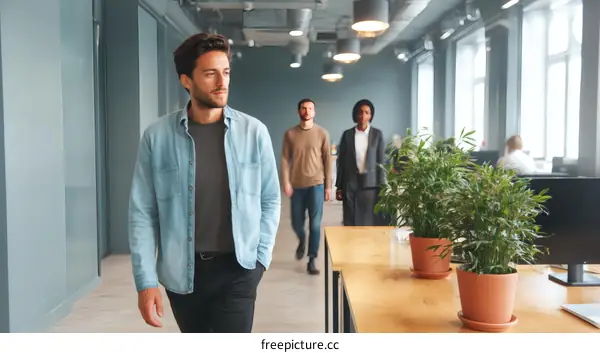 Modern Office Corridor with Casual Businessmen