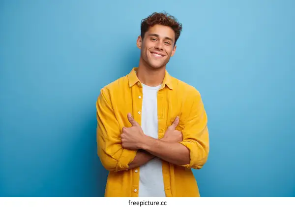Happy Caucasian Man in Yellow Shirt Studio Shot