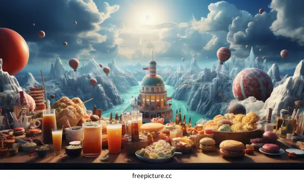 Surreal Food Paradise with Floating City and Mountains