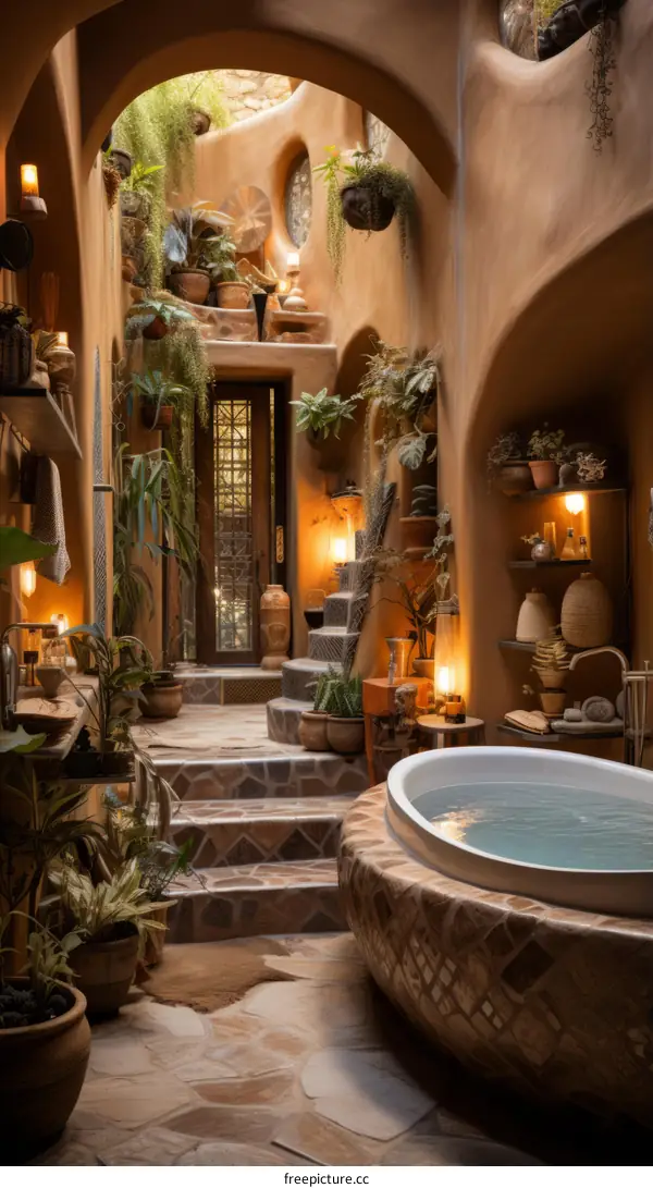 Private Oasis: Luxury Mosaic Tub Surrounded by Lush Plants