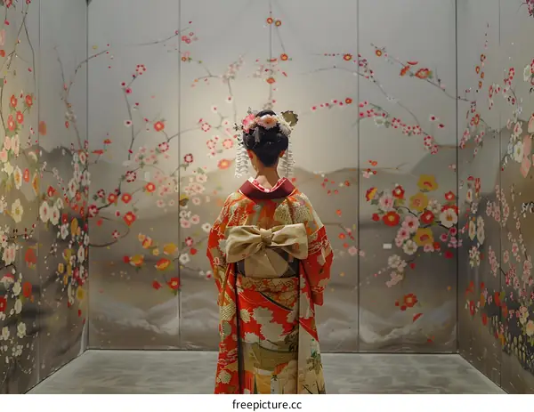 A woman wearing a kimono standing in front of a wall with a floral pattern