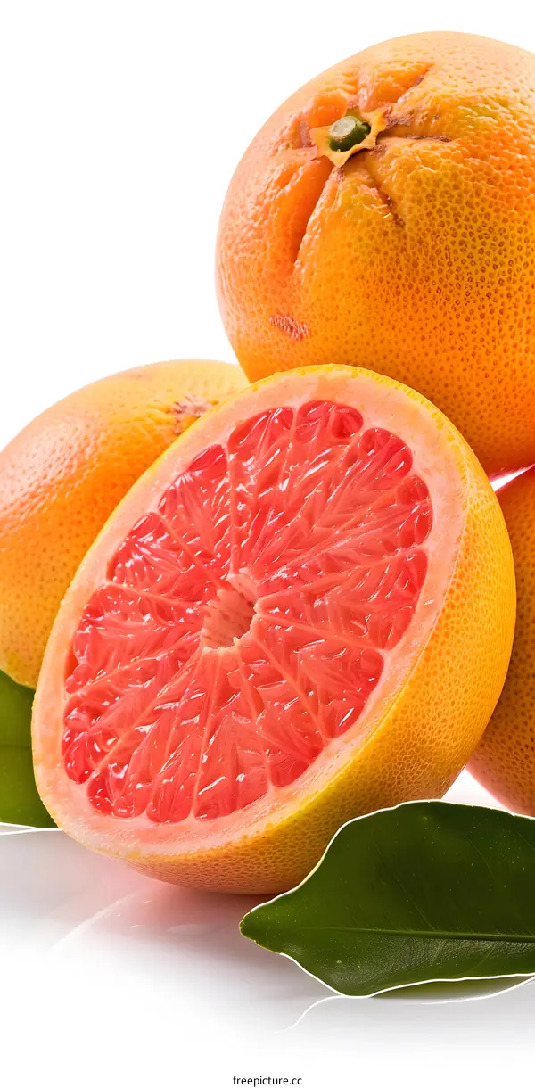 Fresh Ripe Grapefruit Slices With Leaves