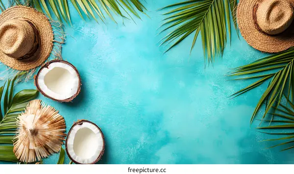Summer Tropical Background with Palm Leaves and Coconut