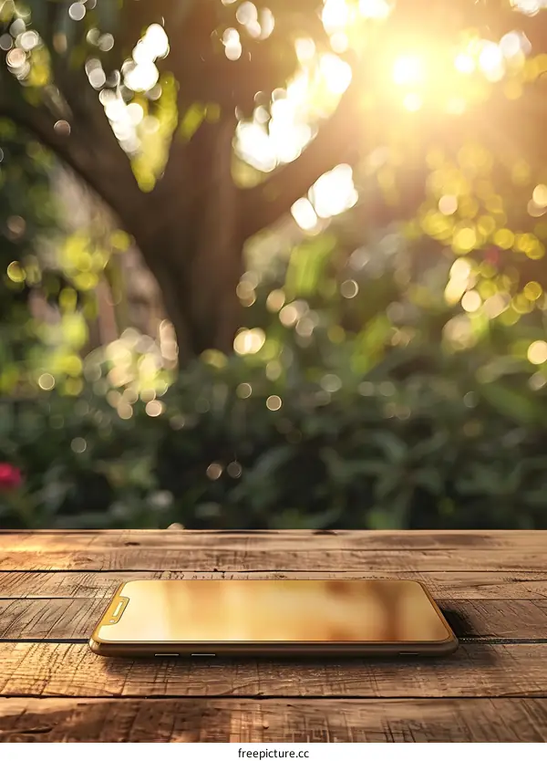 Golden Smartphone on Wooden Table with Blurred Green Background