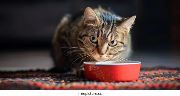 Cat eating cat food from a red bowl