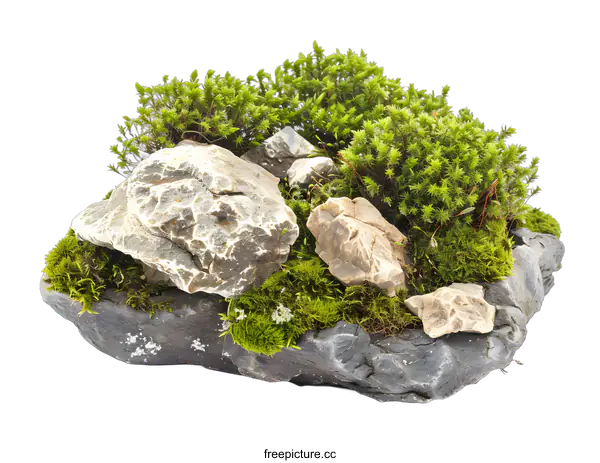 [Transparent Background PNG]Green Moss and Stones on White Background