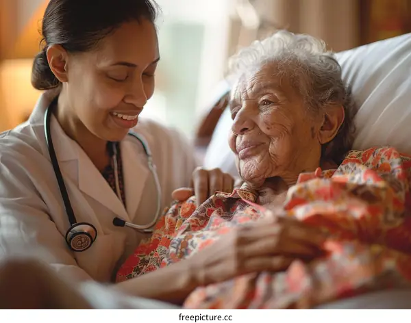 A doctor is comforting a patient in a hospital bed