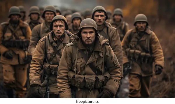A group of soldiers in military uniforms are walking through a forest.