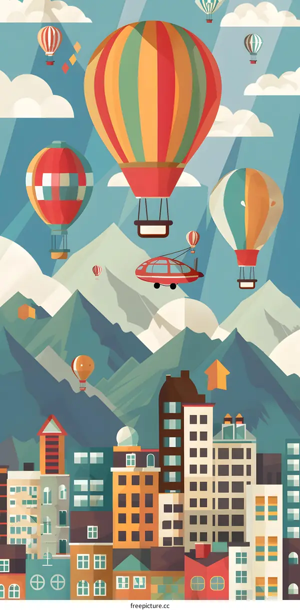 Colorful Hot Air Balloons Flying Over Cityscape