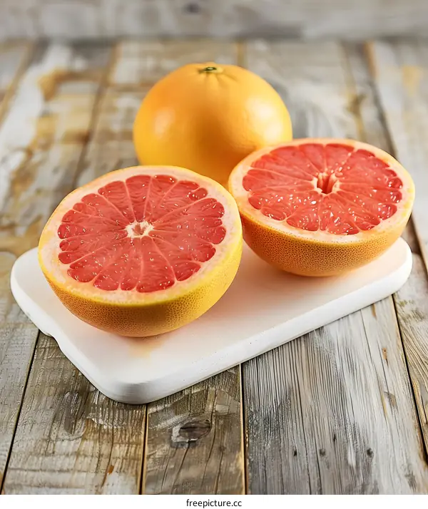 Freshly Sliced Grapefruits on a Wooden Cutting Board