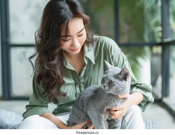 A young woman is sitting on the floor with a gray cat