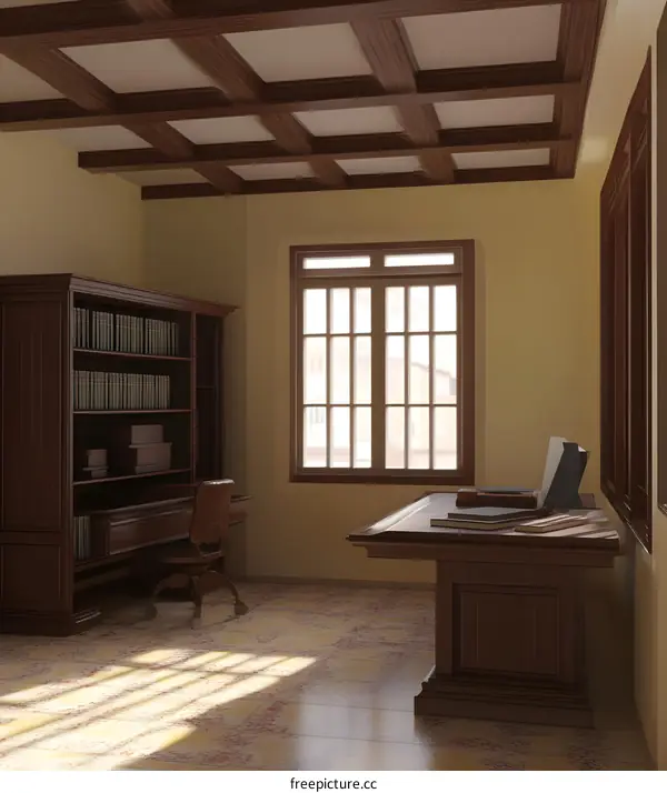 Classic Wooden Desk and Bookcase in a Room with Sunbeams