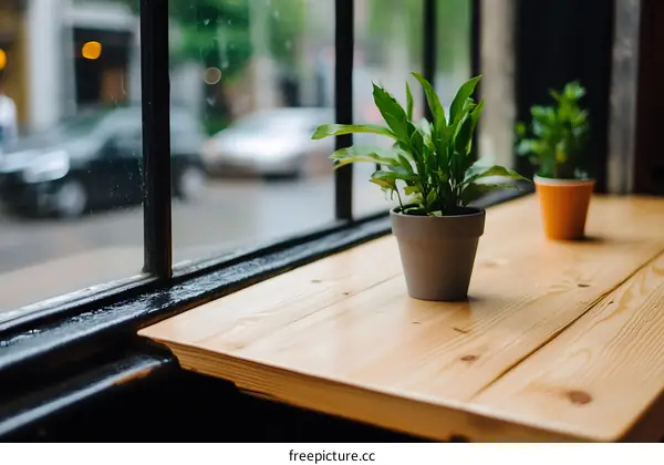 Two Green Plants on Wooden Table Near Window