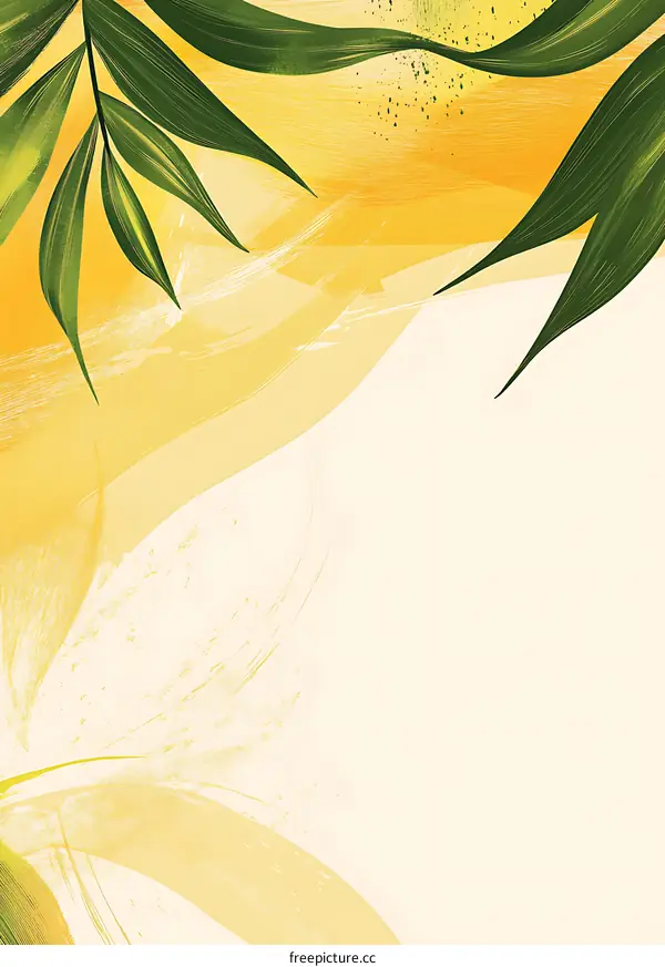 Abstract Tropical Green Leaves and Yellow Paint Illustration