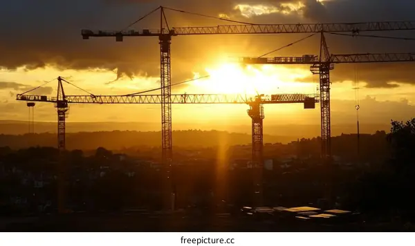 Sunset City Construction Silhouette with Cranes