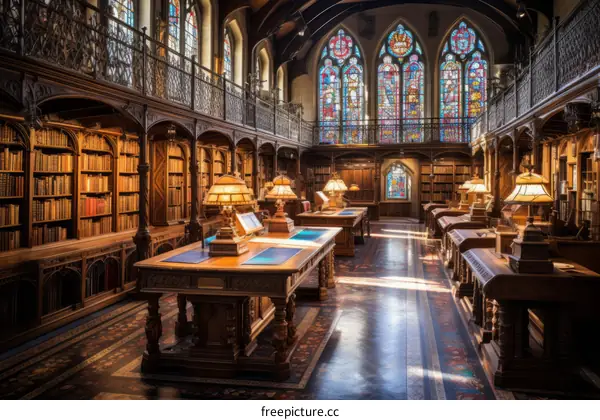 ornate wood paneled library interior with stained glass windows