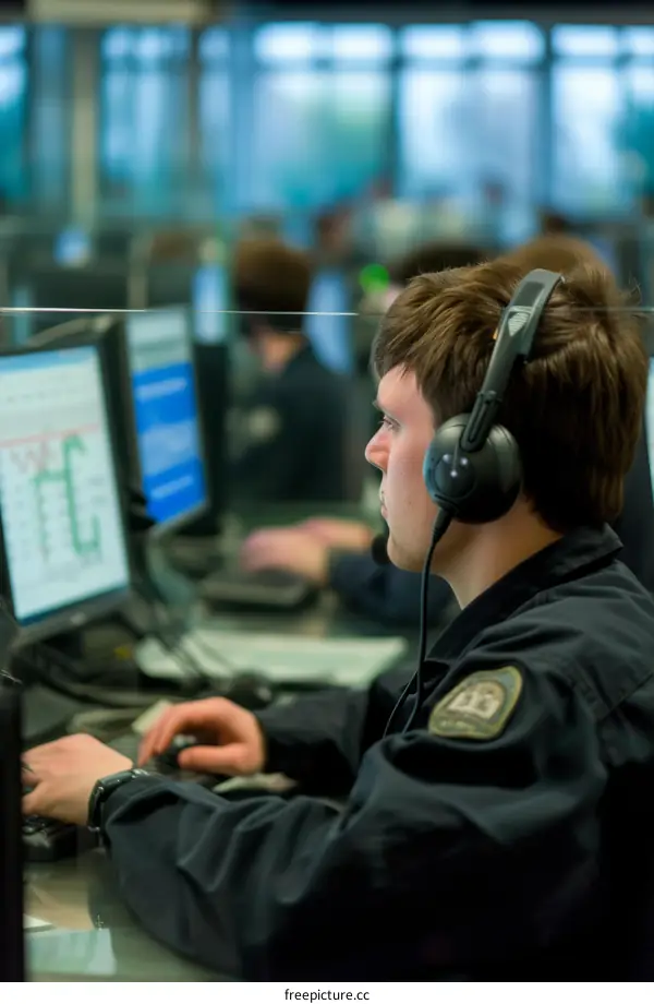 A police officer wearing a headset works at a computer station.