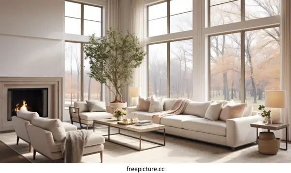 Modern Living Room with Fireplace and Expansive Windows