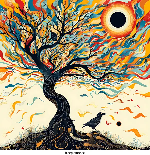 Abstract Tree with Colorful Branches and a Bird
