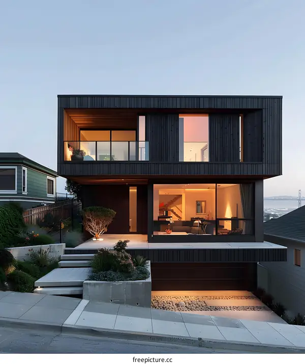 Modern Black House with Wooden Accents and Large Windows